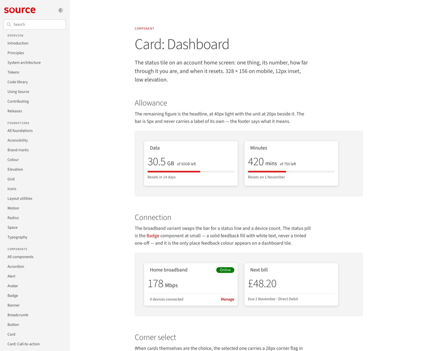 Source documentation. Card: Dashboard, with allowance and connection variants.