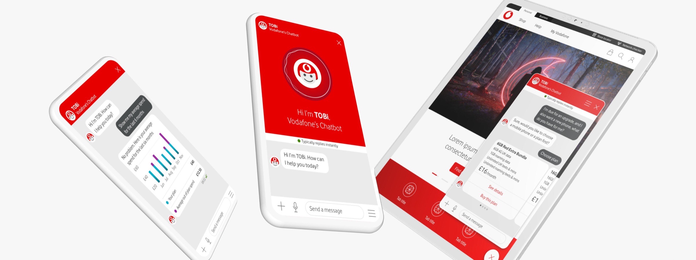 TOBi, Vodafone's AI chatbot, on phone and tablet: the welcome screen, a conversation showing average spend as a chart, and TOBi inside the Vodafone app.