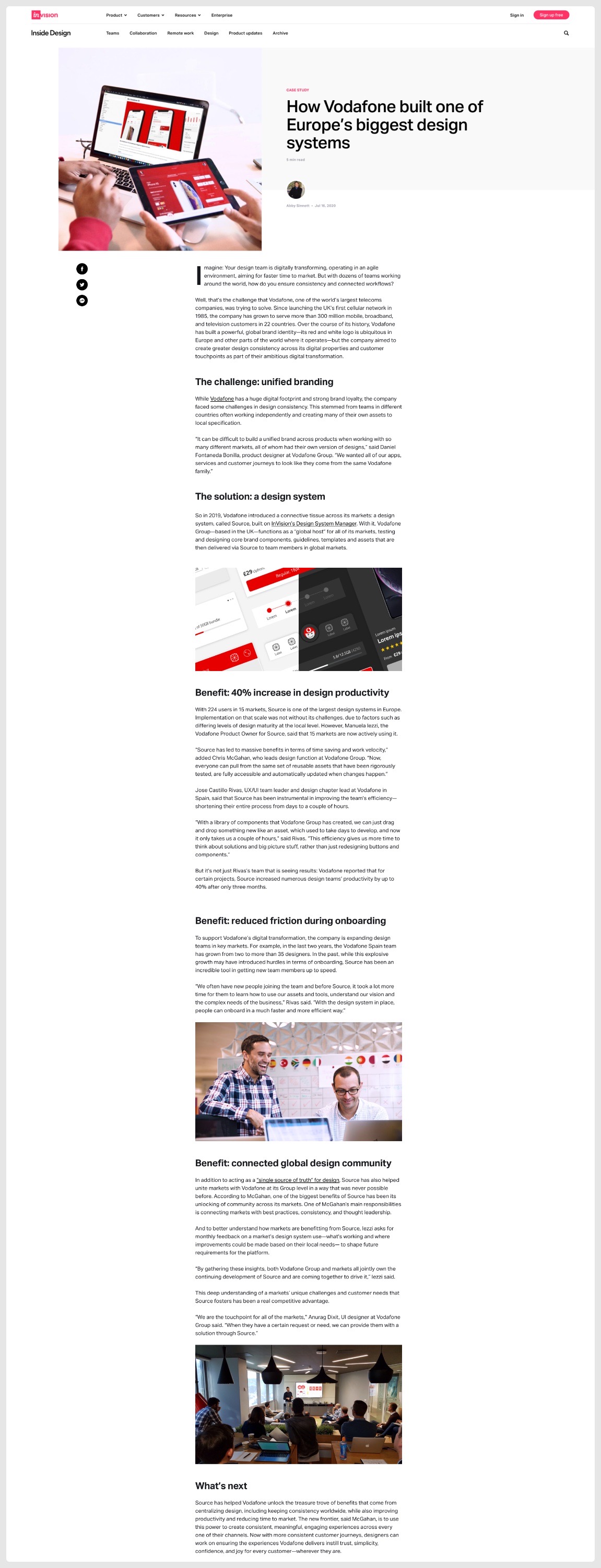The InVision article, How Vodafone built one of Europe's biggest design systems. Sections: The challenge, unified branding; The solution, a design system; Benefit, 40% increase in design productivity; Benefit, reduced friction during onboarding; Benefit, connected global design community; What's next. Quotes from Vodafone designers in the Group team and local markets, with photos of the Source team.