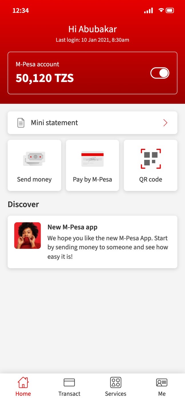 M-Pesa home: Hi Abubakar, the M-Pesa account at 50,120 TZS with a toggle, mini statement, send money, pay by M-Pesa and QR code tiles, and a new app message.