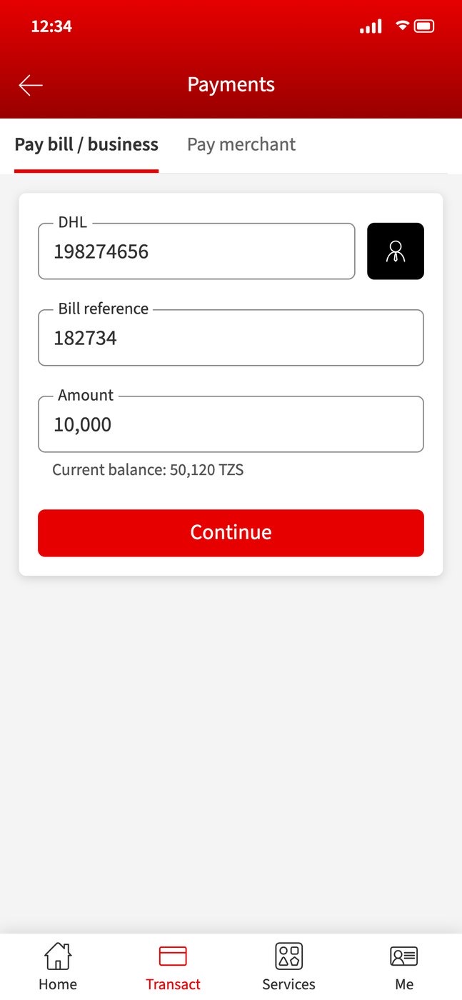 M-Pesa payments: pay bill tab with DHL account 198274656, bill reference 182734, amount 10,000 with the current balance, and a Continue button.