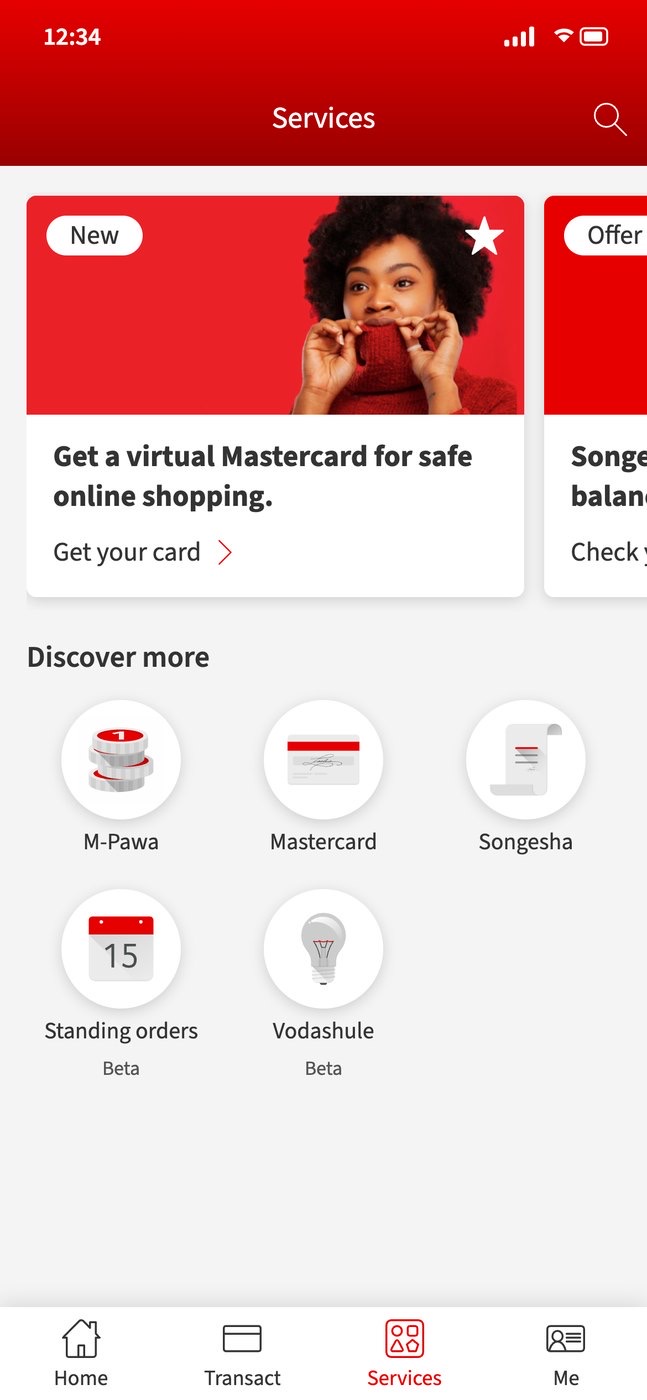 M-Pesa services: offer cards for a virtual Mastercard and Songesha, then M-Pawa, Mastercard, Songesha, standing orders and Vodashule in white circles.