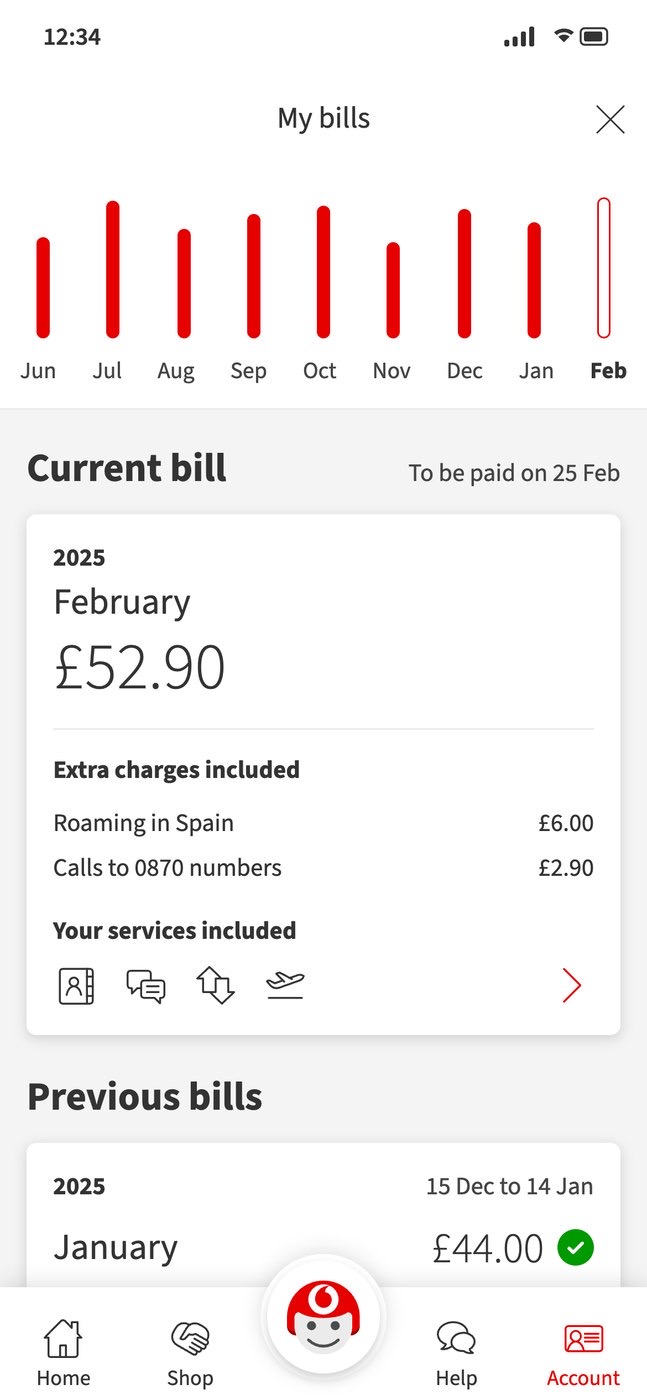 My Vodafone bills: a bar chart from June to February, the February bill of £52.90 with roaming and call charges, and a paid January bill.