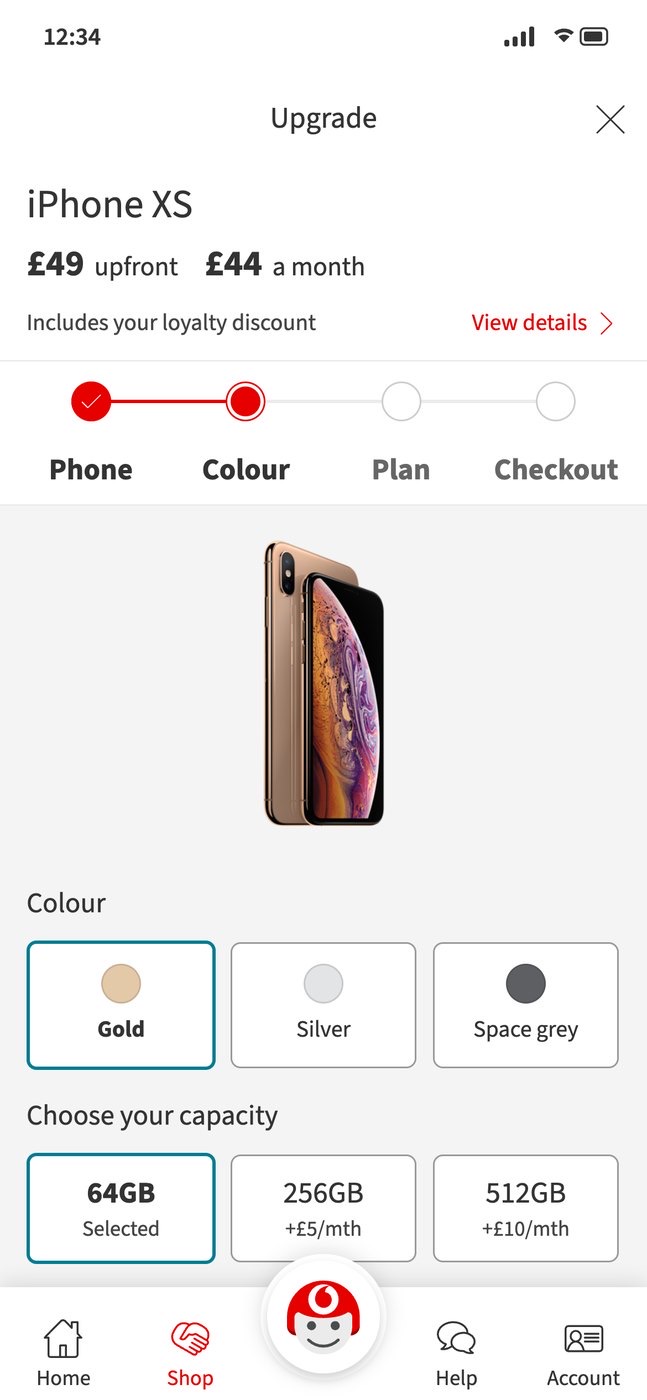My Vodafone upgrade: iPhone XS at £49 upfront and £44 a month, steps for phone, colour, plan and checkout with colour current, a gold iPhone, then colour cards with gold chosen and capacity cards with 64GB selected, 256GB for £5 more and 512GB for £10 more a month.