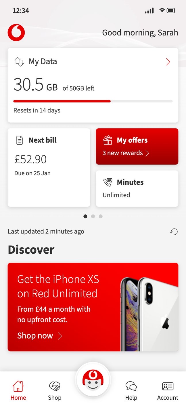 My Vodafone dashboard: Good morning, Sarah, 30.5GB of 50GB data left, next bill £52.90 due 25 January, my offers and minutes cards, and a Discover card for the iPhone XS on Red Unlimited.