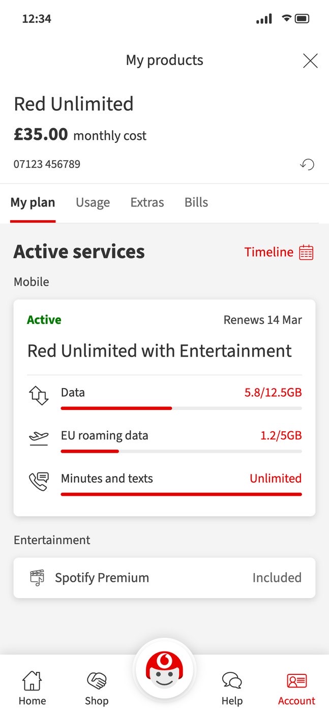 My Vodafone plan: Red Unlimited at £35 a month, an active Red Unlimited with Entertainment service showing 5.8 of 12.5GB data and 1.2 of 5GB EU roaming used, and Spotify Premium included.