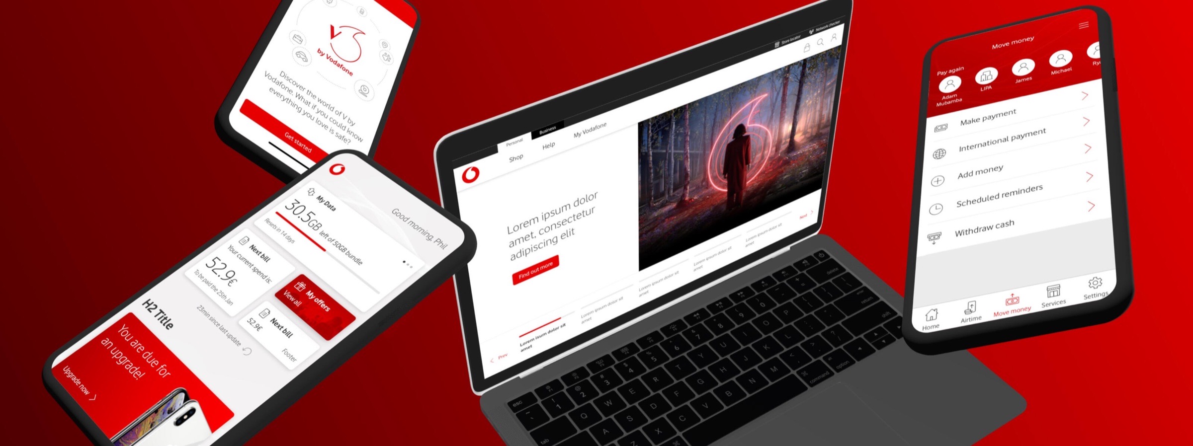 Source components across a phone, laptop and the M-Pesa app: data allowance, account and payment screens in Vodafone red.
