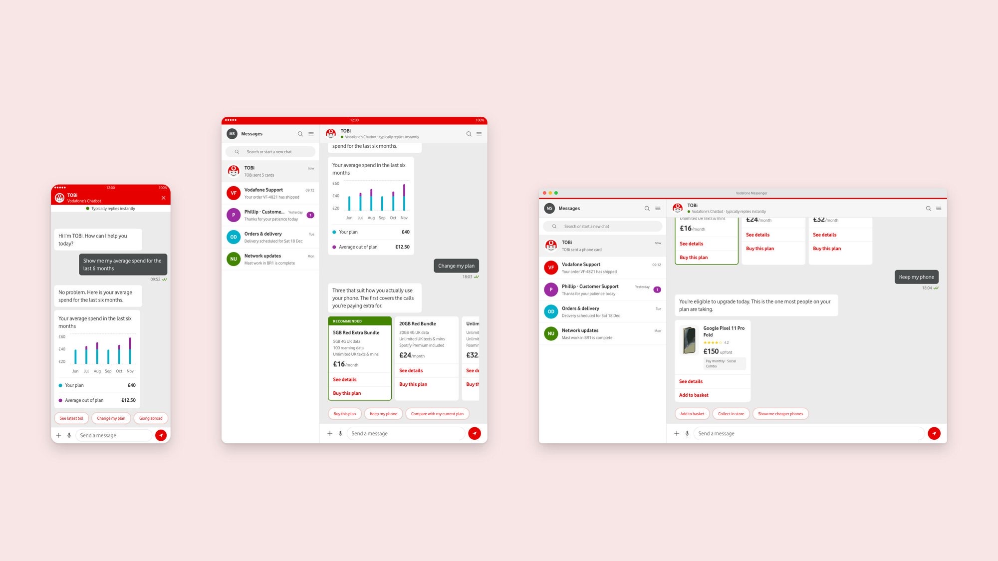 The TOBi conversation on phone, tablet and desktop: average spend shown as a bar chart, plan cards and quick replies.